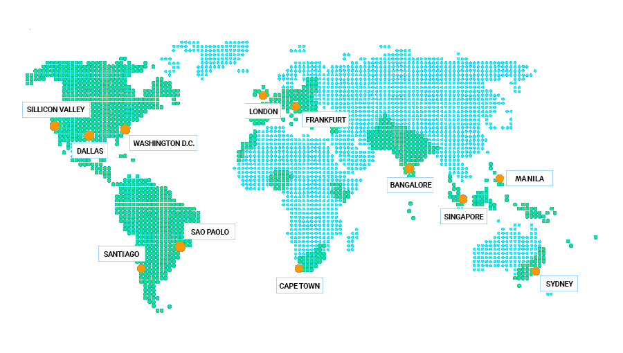 Mapa con las 12 ciudades donde SmartOLT tiene servidores: Silicon Valley, Dallas, Washington D. C., São Paulo, Santiago, Londres, Fráncfort, Ciudad del Cabo, Bangalore, Singapur, Manila y Sídney